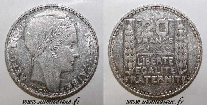 France Frankreich Km 879 20 Francs 1937 Typ Turin, Postzegels en Munten, Munten | Europa | Niet-Euromunten, België, Verzenden