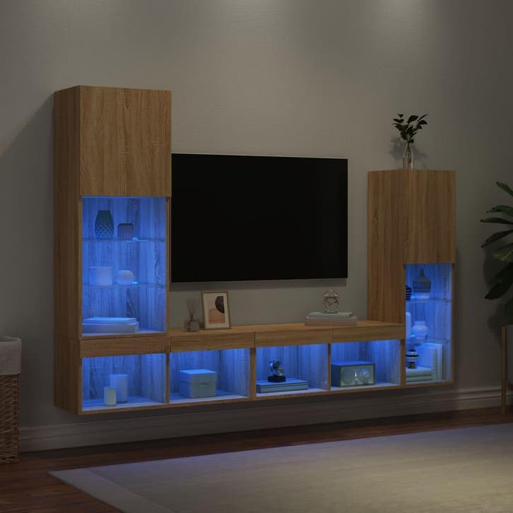 vidaXL 4-delige Tv-wandmeubelset met LED bewerkt hout sonoma, Huis en Inrichting, Kasten |Televisiemeubels, Nieuw, Verzenden