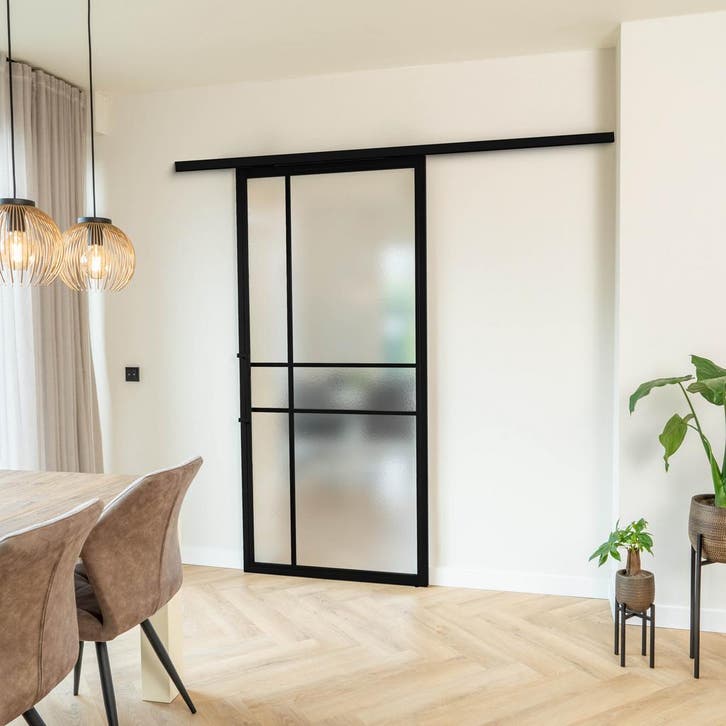 Stalen Schuifdeur met koofsysteem 6 Vlaks Kathedraalglas Lux, Doe-het-zelf en Bouw, Raamkozijnen en Schuifdeuren, Inclusief glas