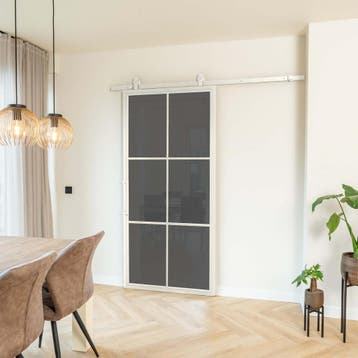 Stalen Schuifdeur - 6 Vlaks - Wit - Rook glas, 75 tot 150 cm, Nieuw, 150 tot 225 cm, Metaal