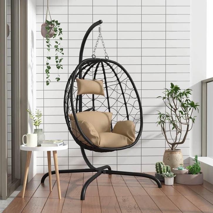 vidaXL Hangende Eivormige Stoel met Kussen Taupe Poly Rattan, Jardin & Terrasse, Jardin & Terrasse Autre, Envoi