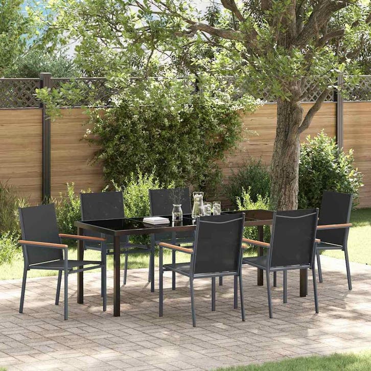 vidaXL Tuin Eettafel Set 7 pcs Zwart Poedergecoat staal, Tuin en Terras, Tuinsets en Loungesets, Nieuw, Verzenden