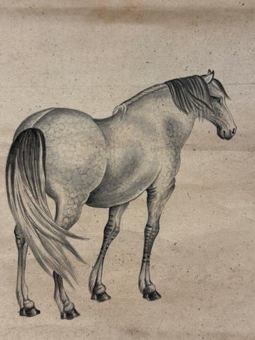Een inkttekening van een fraai paard, met poëtische