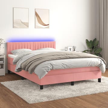 vidaXL Boxspring met matras en LED fluweel roze 140x200 cm, Verzenden, Nieuw