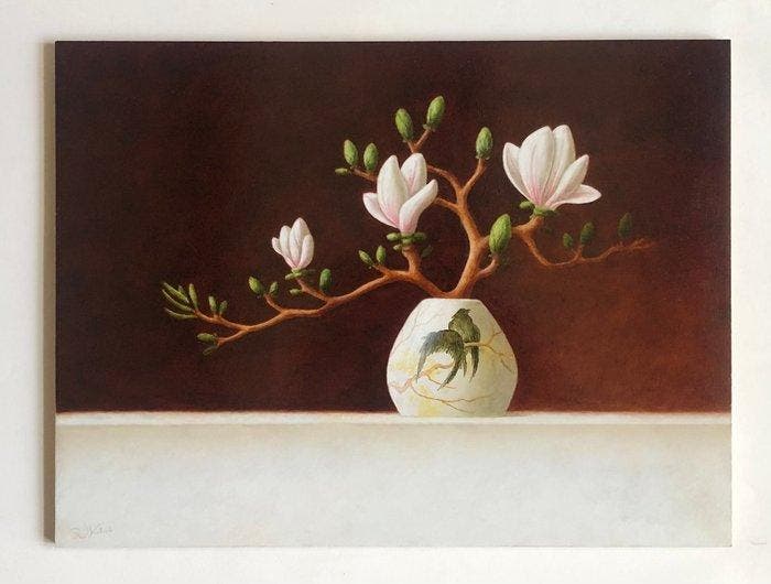 Ruud Verkerk - Gouds plateel met Magnoliatak., Antiquités & Art, Art | Peinture | Moderne