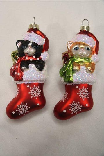 B.Müller: Kat in kerstlaars, glas, 2 stuks - Kerstdecoratie, Nieuw