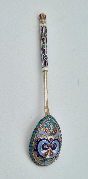 Cuillère - Argent 875 (84 Zolotniki) - Émail russe antique, Antiquités & Art