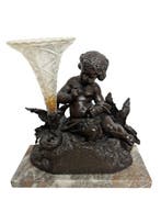 Beeld, Putti met vaas - H : 30 cm - 30 cm - Marmer,, Antiek en Kunst