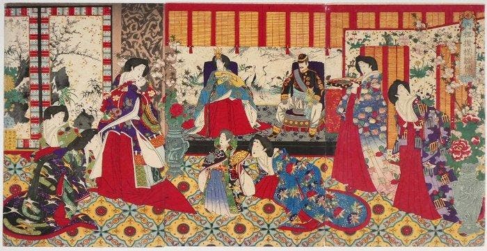 Utagawa Toyonobu /  (Meiji-tijdperk) Dairi Moy Hina no, Antiek en Kunst, Antiek | Overige Antiek