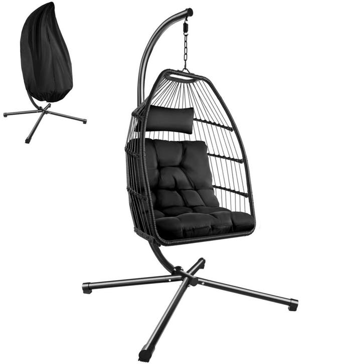 tectake Hangstoel Ariane met standaard en kussens 160kg - zw, Tuin en Terras, Overige Tuin en Terras, Verzenden