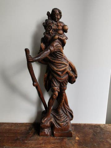Beeld, Sint- Christophorus met kindje Jezus op zijn schouder