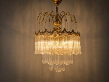 Lamp - Gouden plafondlamp met dubbele cascade van kristallen