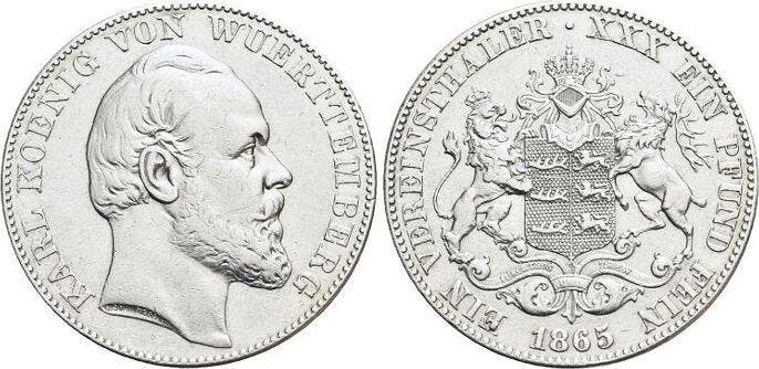 Vereinstaler, daalder 1865 Wuerttemberg Karl 1864-1891, Postzegels en Munten, Munten | Europa | Niet-Euromunten, België, Verzenden