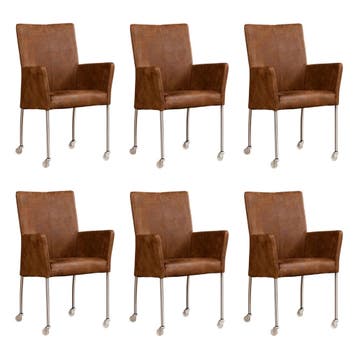 Set van 6 Leren eetkamerstoelen Comfort met wieltjes en, Ophalen of Verzenden, Nieuw, Leer, Eén