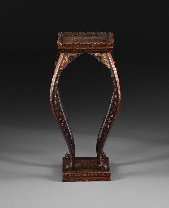 Japanse gelakte tafel met centrale zuil en Chinees gedicht -, Antiquités & Art, Antiquités | Autres Antiquités