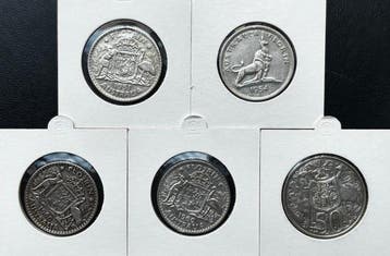 Australië. Lote de 5 Moedas de Prata: 4x Florin (1951-1960), Postzegels en Munten