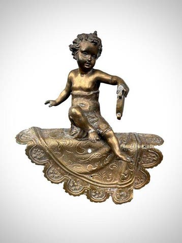 sculptuur, Putto, Angioletto Seduto su Drappo Decorato - 28