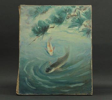 Rare Wartime Japanese Oil Painting Two Carp – Dated Koki
