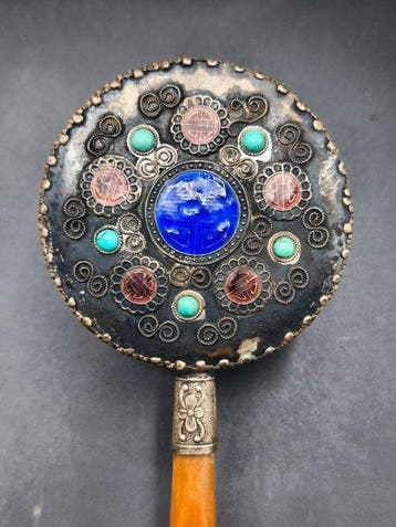 Spiegel - Zilver, turkoois, Emaille, Hout