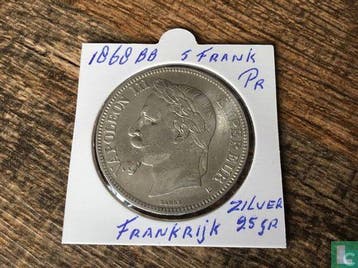 Frankrijk 5 francs 1868 (BB - zilver), Verzenden, Frankrijk, Losse munt, Goud