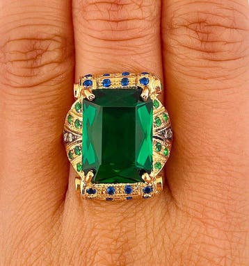 Zonder minimumprijs - Ring - 9 kt. Geel goud, Zilver Smaragd