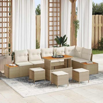 vidaXL Tuinbank Set met kussen met opslag 10 pcs Beige Poly, Verzenden