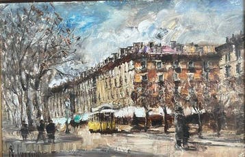 Antonio Cargnel (1946) - Milano, scena di strada con tram