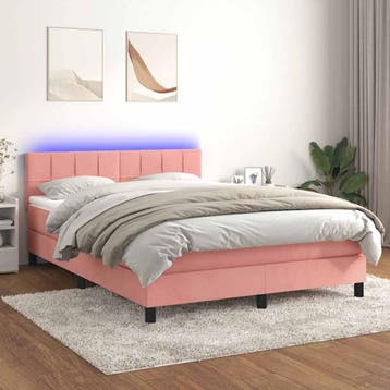 vidaXL Boxspring met matras en LED fluweel roze 140x200 cm, Verzenden