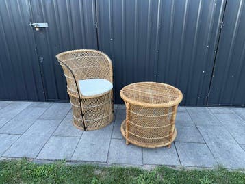 Stoel - Riet - Set van rotan tonstoel met bijpassende ronde, Antiek en Kunst