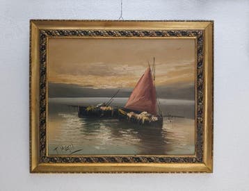 L. Mari (XX) - Paesaggio Marino con Barche da Pesca e Vela, Antiek en Kunst