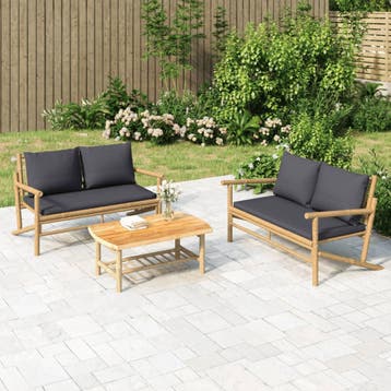 vidaXL 2-delige Loungeset met kussens bamboe donkergrijs, Tuin en Terras, Tuinsets en Loungesets, Verzenden, Nieuw