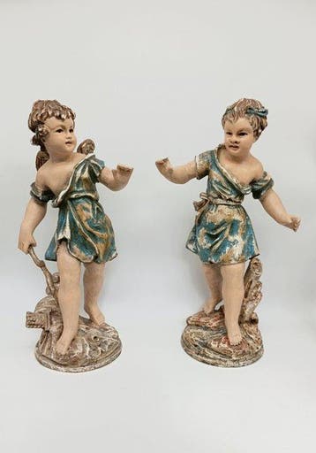 Sculpture, Coppia di Putti - 36 cm - Bois polychrome, Antiquités & Art