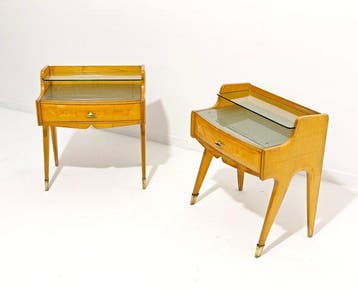 Nachtkastje (2) - Hout, Messing, Glas - Design Italia 1950