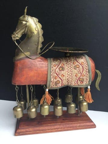 Kaarsenhouder - hout - messing - brons - Ashva Ghanti paard