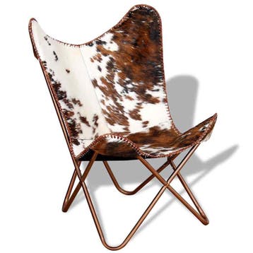 Vlinderstoel rundleer bruin/wit: Retour deal, nu -35%, Huis en Inrichting, Verzenden, Minder dan 75 cm, Vintage, Zo goed als nieuw