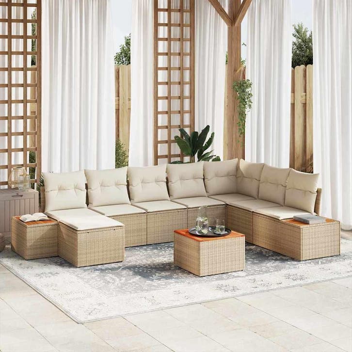 vidaXL Tuinbank Set met kussen 9 pcs Beige Poly rattan, Jardin & Terrasse, Ensembles de jardin, Envoi