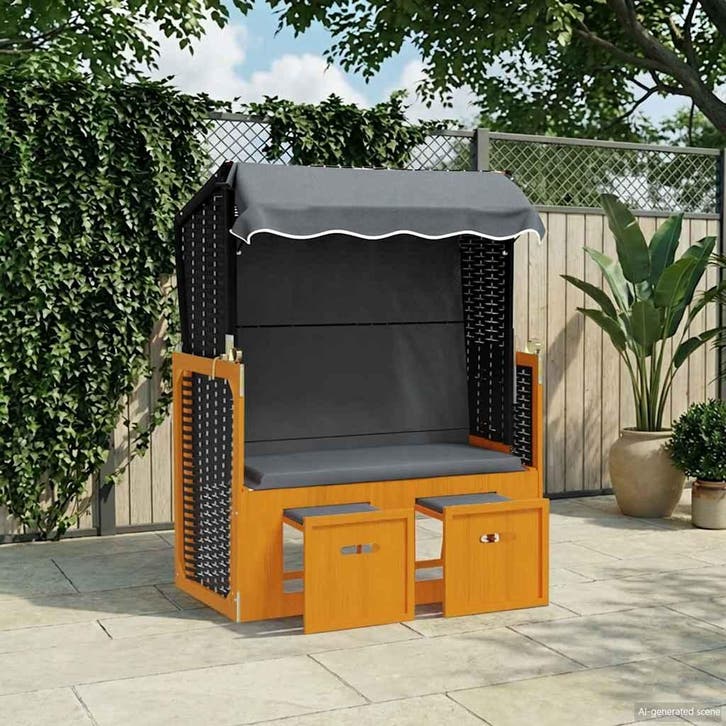 vidaXL Strandstoel met luifel poly rattan en hout zwart en, Tuin en Terras, Ligbedden, Nieuw, Verzenden