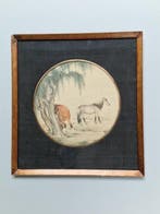 Een Chinees origineel ingelijnd schilderij waarop paarden te