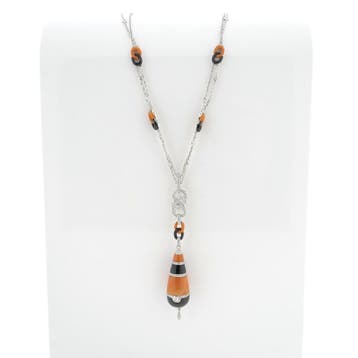 Witgouden ketting met vaste hanger met onyx, bloedkoraal..., Gebruikt, Ophalen of Verzenden, Met edelsteen, Goud