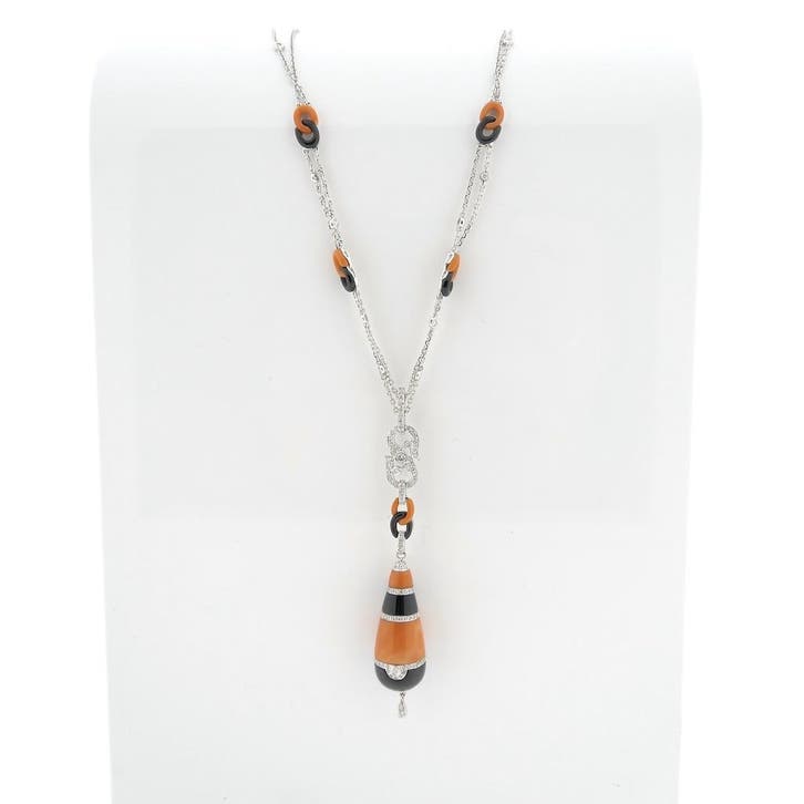 Witgouden ketting met vaste hanger met onyx, bloedkoraal..., Bijoux, Sacs & Beauté, Colliers, Enlèvement ou Envoi