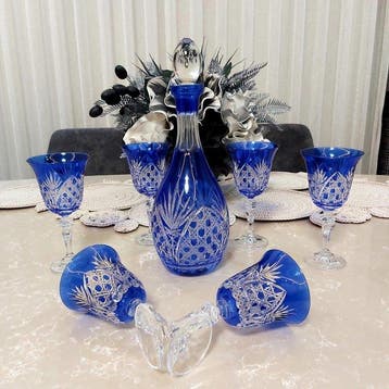 Drinkglas (7) - Kristal - Blauw Boheems Kristal, Antiek en Kunst