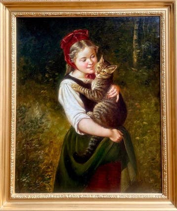 Europese school (XIX) - A Young Girl With Kitten
