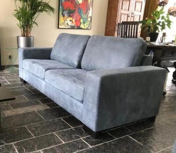 Leren 2.5-zits bank met houten poten - blauw leer, Antiek en Kunst, Ophalen of Verzenden