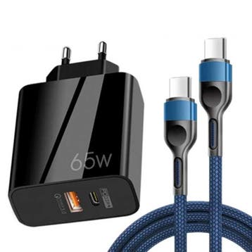 65W GaN Stekkerlader met Oplaadkabel 1 meter - Dual Port PD, Verzenden, Nieuw