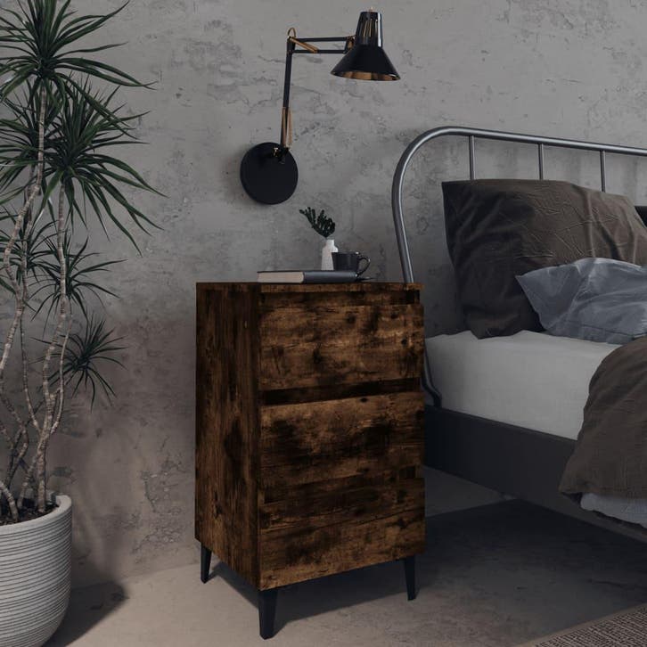 vidaXL Nachtkastje met metalen poten 40x35x69 cm gerookt, Huis en Inrichting, Slaapkamer | Nachtkastjes, Nieuw, Verzenden
