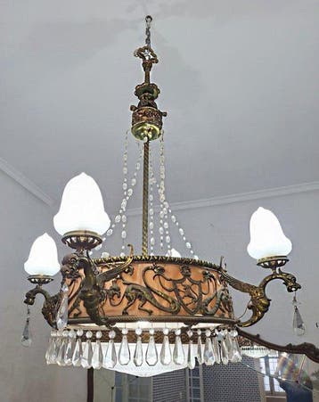 Plafondlamp - Messing, Glas, Kristal, Zijde, Brons -, Antiek en Kunst