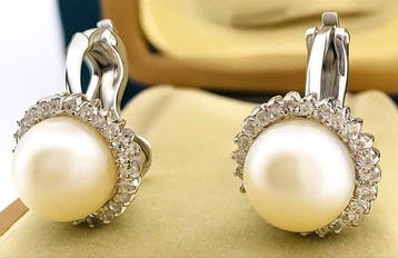 Boucles doreilles - 18 carats Or blanc Perle - Diamant, Handtassen en Accessoires, Oorbellen, Nieuw