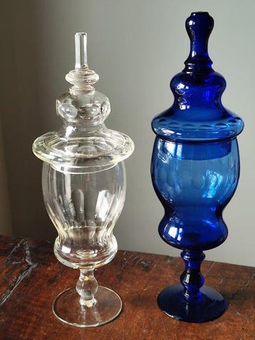 Apothekerspot (2) - Glas - 2 potjes uit de apotheek, Antiek en Kunst