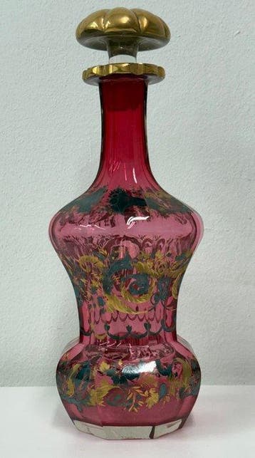 Fles (2) - Robijnglas met goud- en zilverversiering, rond en