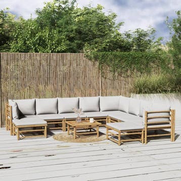 vidaXL 11-delige Loungeset met kussens bamboe lichtgrijs, Verzenden, Nieuw, Loungeset